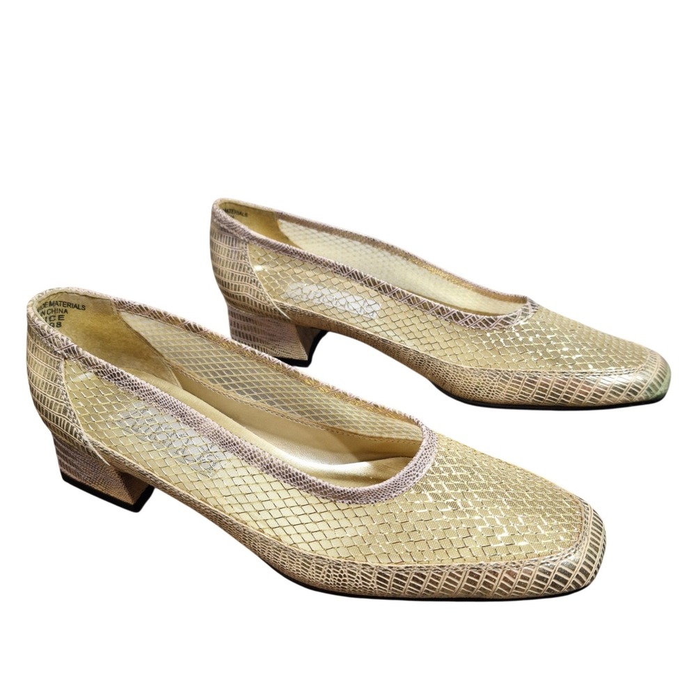 Amanda Janice Gold Mesh Reptile Embossed Block Heel Pumps Square Toe Womens 8.5M